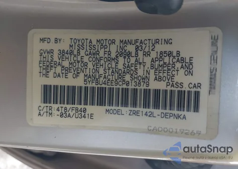 2012 Toyota Corolla Le z USA, uszkodzony, nr VIN 5YFBU4EE9CP013879